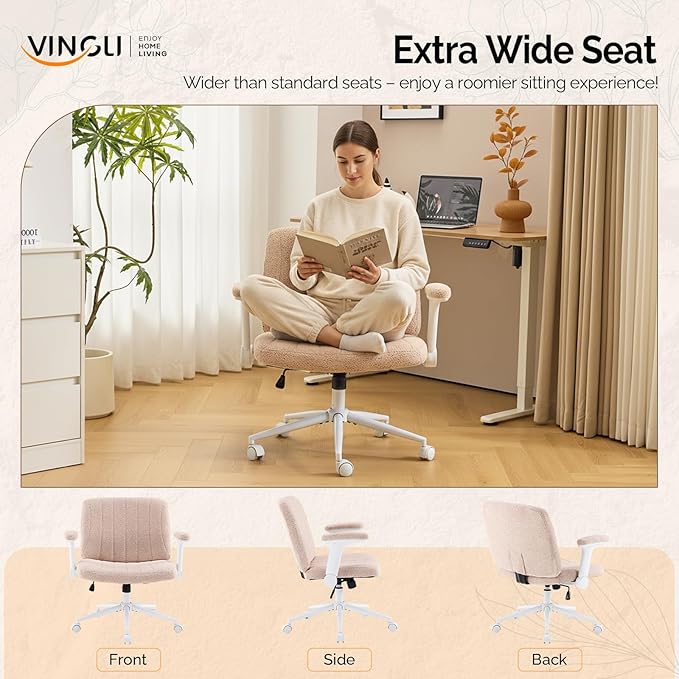 VINGLI Criss Cross Chair with Adjustable Flip-Up Arms,Cross Legged Chair with Wheels,Extra Wide Office Chair,Desk Chair for Home Office,Vanity,Bedroom, Apartment,Starry Chenille,Pink