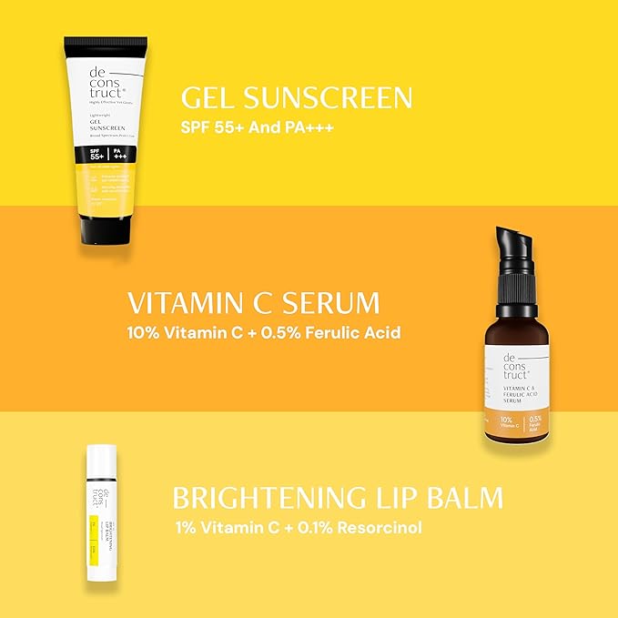 Deconstruct Daily Brightening Shield Trio: Gel sunscreen (50g) + Vitamin C Serum (30ml) + Brightening Lip Balm (4g) | Vitamin C Serum for Oily Skin (Pack of 3)