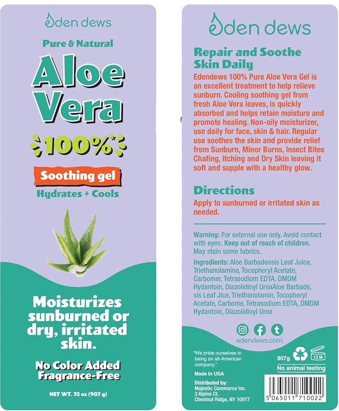 Organic Aloe Vera Gel 100% Pure & Natural Gel, Moisturizing, Face Skin & Hair Care, Made in USA, Unscented (1, Large (32 OZ)