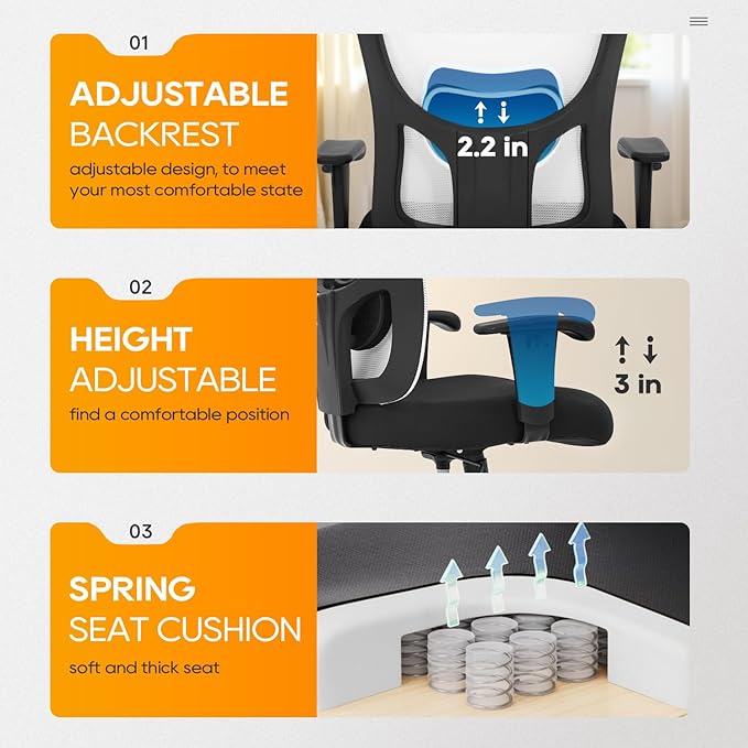 BestOffice Big and Tall Office Chair 400lbs Desk Chair Mesh Computer Chair with Lumbar Support Wide Seat Adjust Arms Rolling Swivel High Back Task Executive Ergonomic Chair for Home Office, White