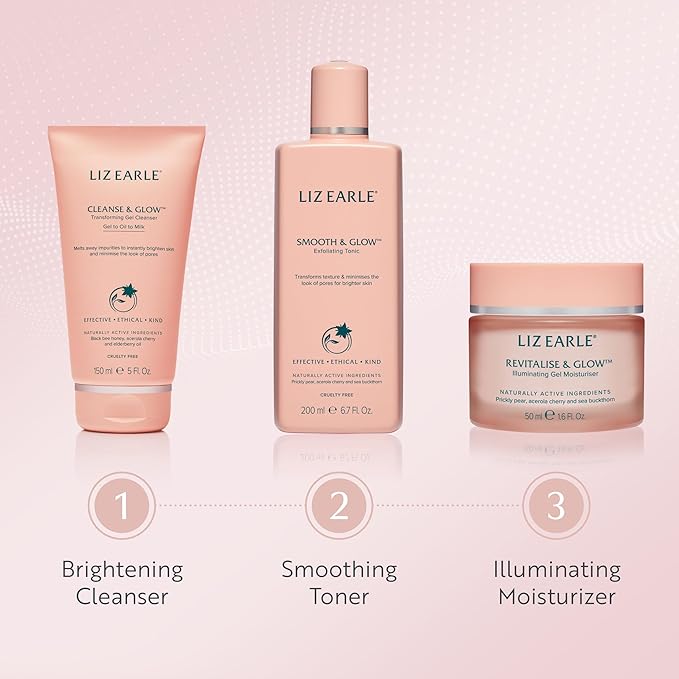 Liz Earle Glow Routine Collection - Face Wash, Skin Toner and Face Moisturizer for Brightening and Glowing Skin - Pore Minimizing Skincare Enriched with Antioxidant-Rich Botanicals (3 Count)