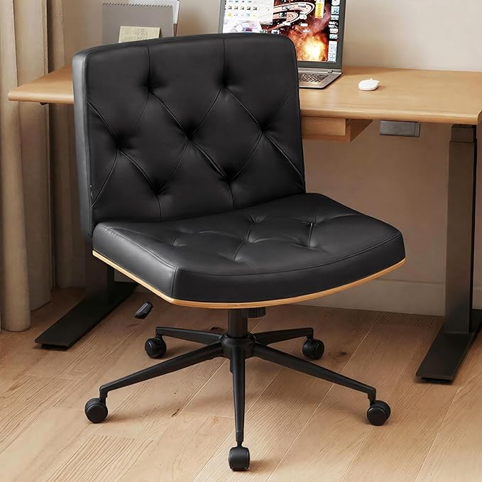 Furnimart Heavy-Duty Curved FSC Wood Desk Chair 360° Swivel, Faux Leather Criss Cross Chair with Wheels Wide Seat, Comfy Armless Cross Legged Sitting for Bedroom, Office, Vanity (PU Black)