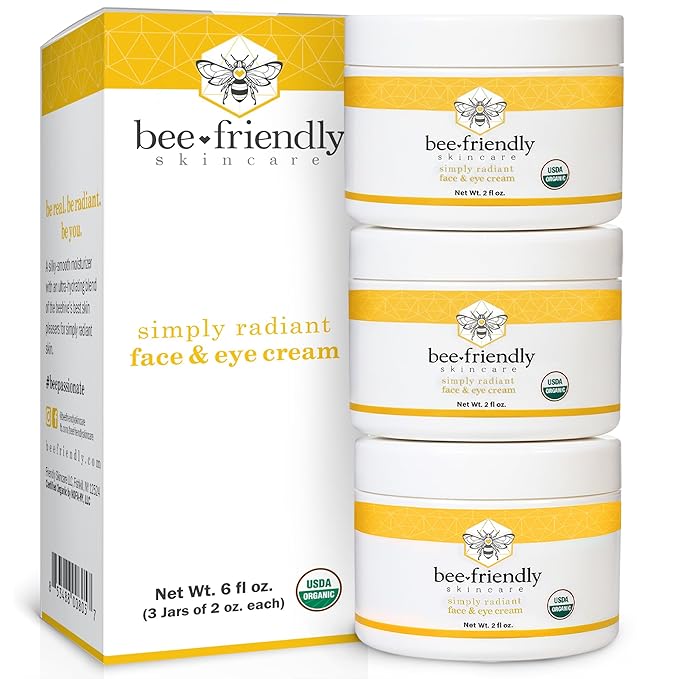 BeeFriendly Organic Face and Eye Cream, USDA Certified Organic Facial Moisturizer, All In One Natural Face, Eye, Neck, Decollete Cream Reduces Wrinkles & Lines, 6 oz (3 Jars in a box)