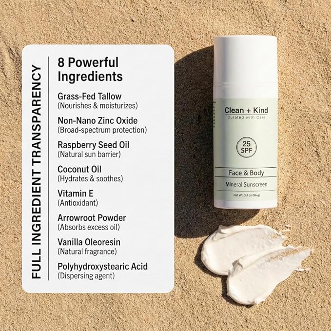 Tallow Sunscreen SPF 25 with Non-Nano Zinc Oxide – Natural Mineral, Reef-Safe & Non-Toxic Sunblock for Face & Body – Non-Greasy, Moisturizing Protection for Sensitive Skin (3.4 oz)