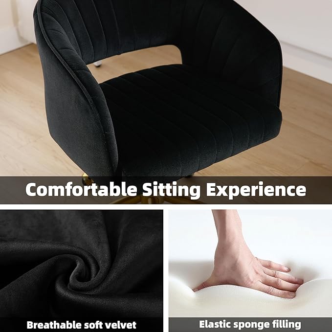 Westice Home Office Desk Chairs, Modern Velvet Rolling Chair, Height Adjustable Swivel Vanity Chair with Golden Base, Ergonomic Chair for Study, Living Bedroom Computer Room, Black