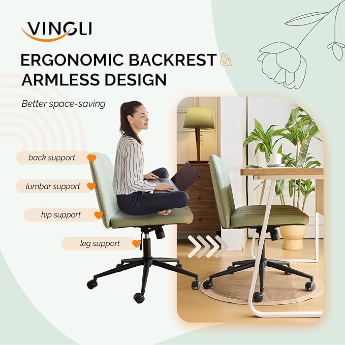VINGLI Criss Cross Legged Chair,Wide Comfy Office Desk Chair,Dual-Use with/no Wheels Computer Task Chair,Swivel Armless Vanity Rolling Chair for Study,Make Up,Home Office,Cat Scratch PU,Mint Green