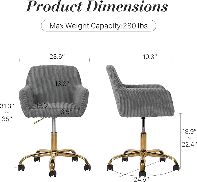 Faux Fur 360°Swivel Desk Chair, Height Adjustable Home Office Armchair with Golden Base for Teens Women Girls, Upholstery Computer Chair for Home Studios, Corduroy & Dark Gray