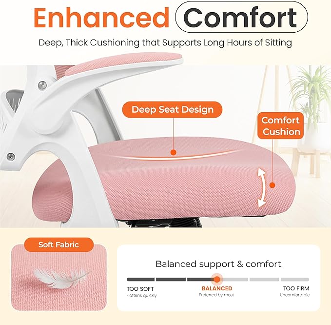 NEO Chair Office Chair Gaming Desk Computer Mesh Ergonomic Chair with Flip-up Arms Comfy Lumbar Support Adjustable Height Rolling Wheels Chair for Home Office (Pink)