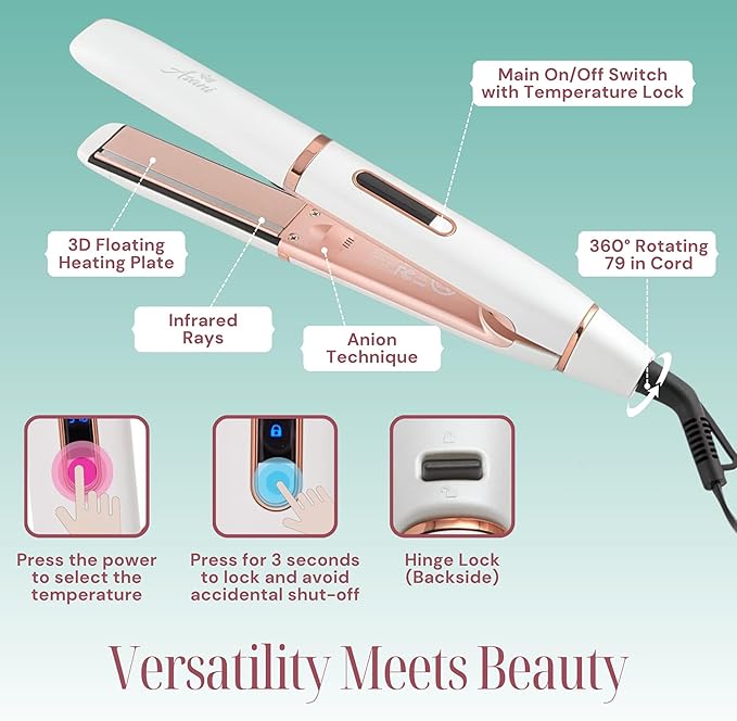 Asani 2-in-1 Flat Iron Hair Straightener and Curler - Negative Ion Technology, Anti-Frizz Ceramic Coating, 5 Heat Settings - Fast Heating Styling Tool for Versatile Looks - Portable