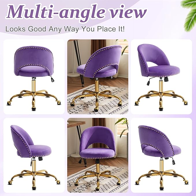 VINGLI Modern Velvet Small Office Chair,Cute Desk Chair with Wheels,Gold Base/Studs, Comfy Armless Swivel Vanity Task Chair for Women/Girl/Kids, Nail Tech Chair for Bedroom,Small Space,Violet Purple