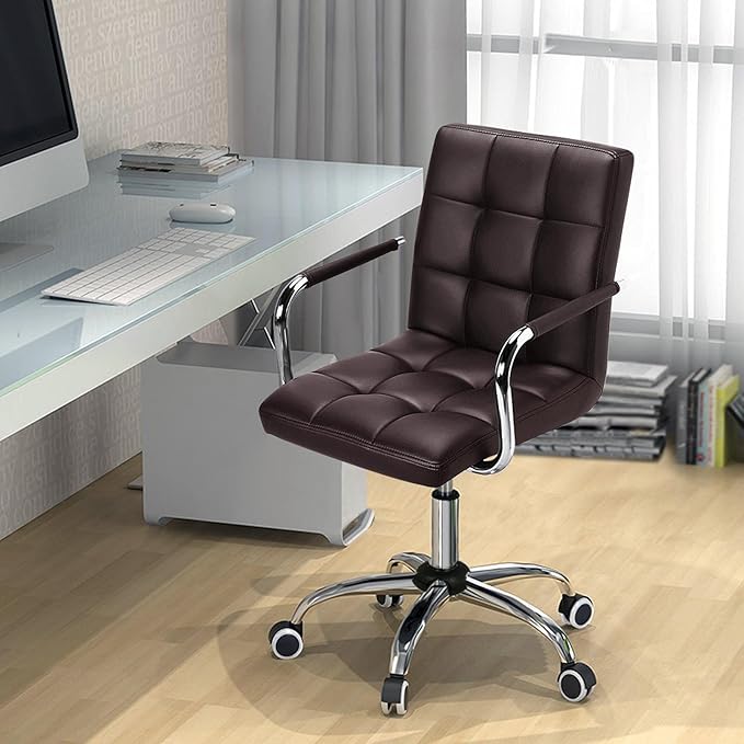 Yaheetech PU Leather Mid-Back Task Desk Chair Modern Adjustable Swivel Home Office Chair with Smooth Casters Brown