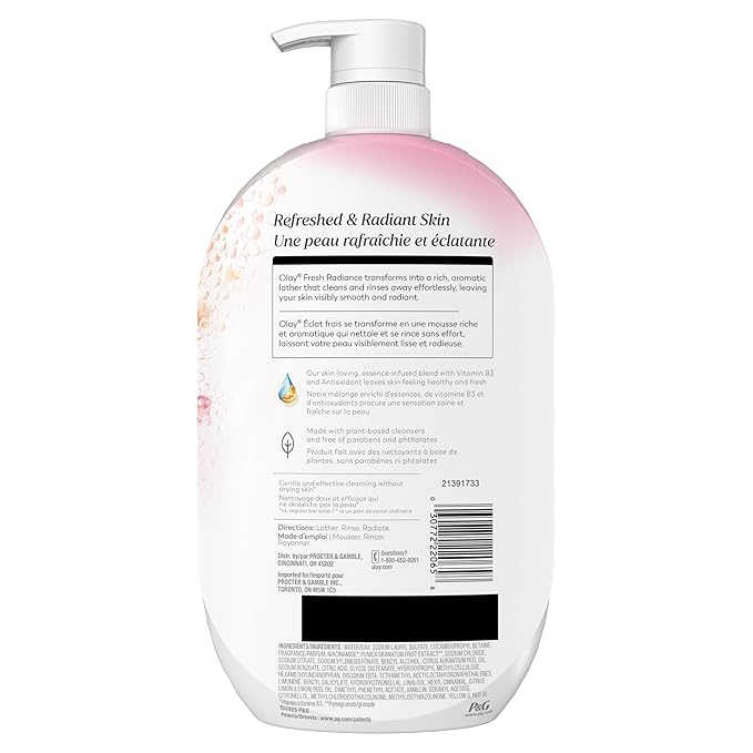 Olay Body Wash for Women, Fresh Radiance, 24/7 Skin-Loving Freshness, Visibly Radiant, Plant Based Cleansers, Vitamin B3 & Antioxidant Blend, For All Skin Types, Peach & Cherry Blossom Scent, 35 fl oz