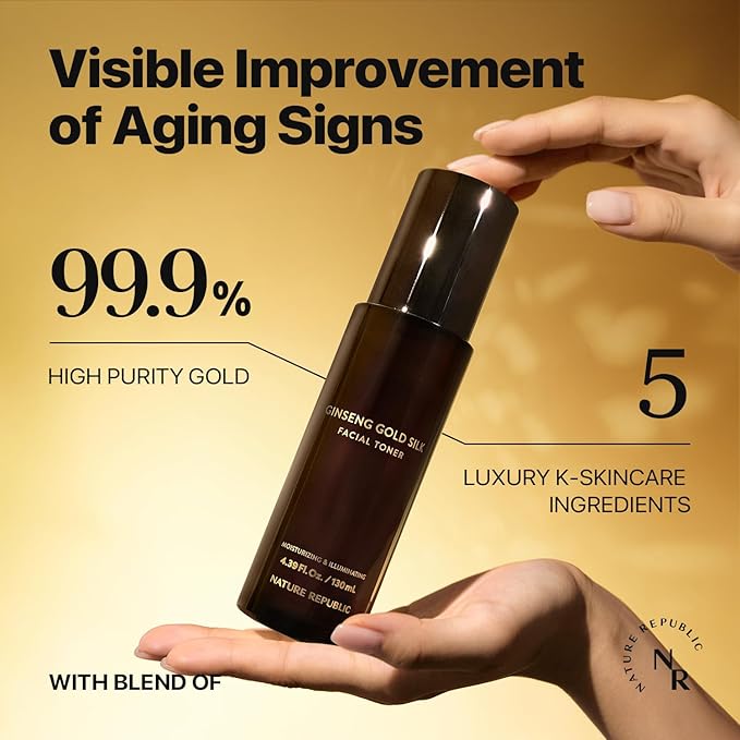 Nature Republic Ginseng Gold Silk Facial Toner, Hydrating Glow Toner, Niacinamide & Silk Amino Acid, Royal Jelly Extract, Korean Skin Care for All Skin Types 130 ml / 4.39 Fl. oz.