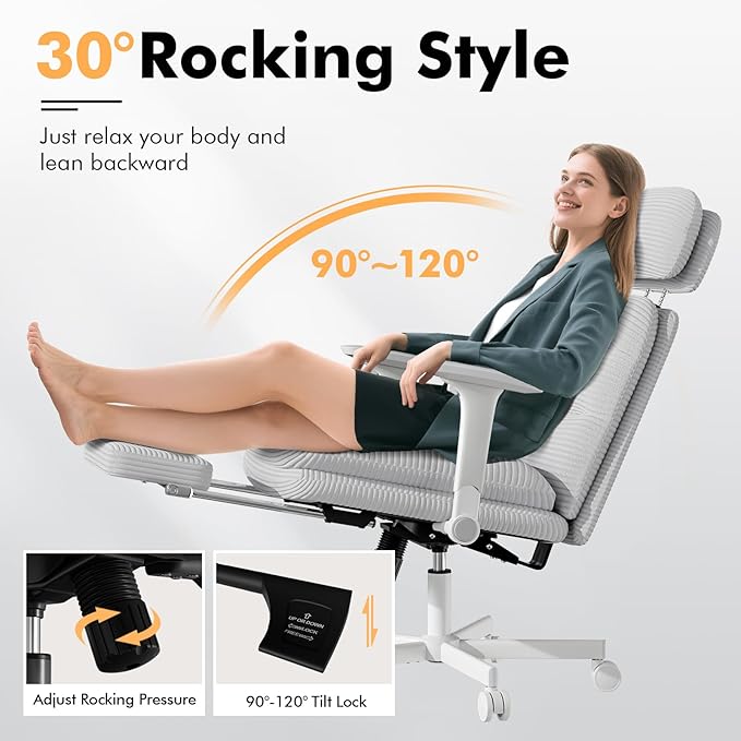 Criss Cross Chair with Wheels & Flip-up Arms, Executive Office Chair with Foot Rest, Swivel Cross Legged Office Chair with Lumbar Pillow, Corduroy Comfy Computer Desk Chair for Home, Grey