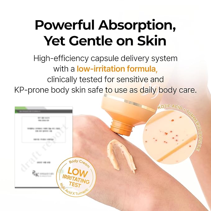 Dr.Melaxin Kojic Acid Turmeric Capsule Body Cream, Brightening Body Moisturizer for Dark Spots and Uneven Skin Tone, with Ceramides & Hyaluronic Acid, 200g
