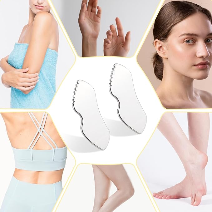 2Pcs Stainless Steel Gua Sha Facial Tools Metal Detail Gua Sha Stone Body Lymphatic Drainage Massager Face Guasha Face Sculpting Tool Skin Care with Gift Pouch Mother's Day Gifts
