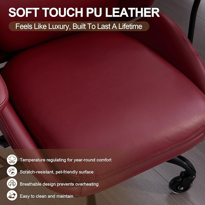 Office Chair, Leather Desk Chair with Rubber Wheels, Ergonomic Computer Chair 500 LBS with Lumbar Support, High Back Executive Chair for Modern Home Office, Red