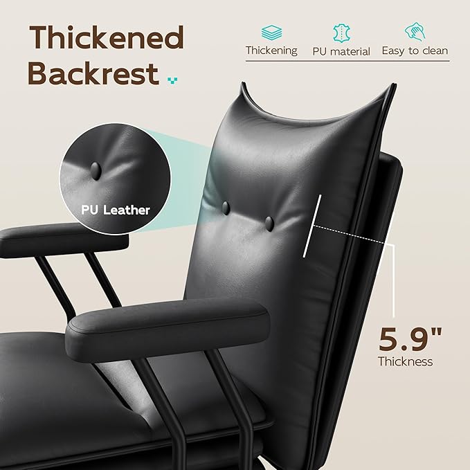 Black Office Chair with Triple-Layers Thicken Wide Seat, Mid Back Leather Desk Chair with Wheels and Arms, Mid-Century Modern Computer Chair for Home Office