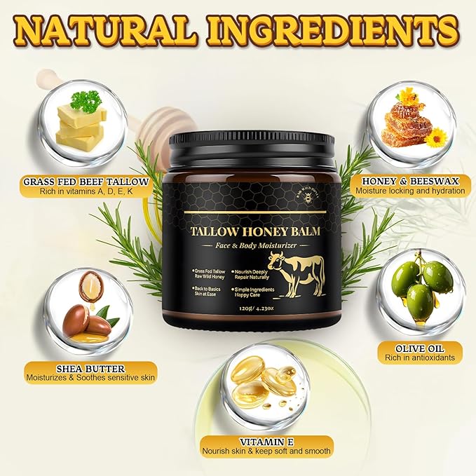 Beef Tallow for Skin, Tallow and Honey Balm for Face, Grass-Fed Beef Tallow Face Moisturizer, Deeply Moisturizing for Dry & Sensitive Skin (4.23oz/120g)