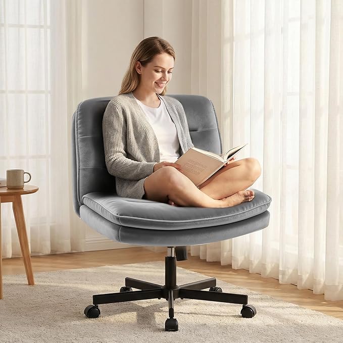 GTPLAYER Cross Legged Office Chair, Armless Desk Chair Cute Vanity Chair with Wheels Computer Chair Comfy Wide Office Chair Adjustable Swivel for Home Computer Task,Soft Velvet, Grey