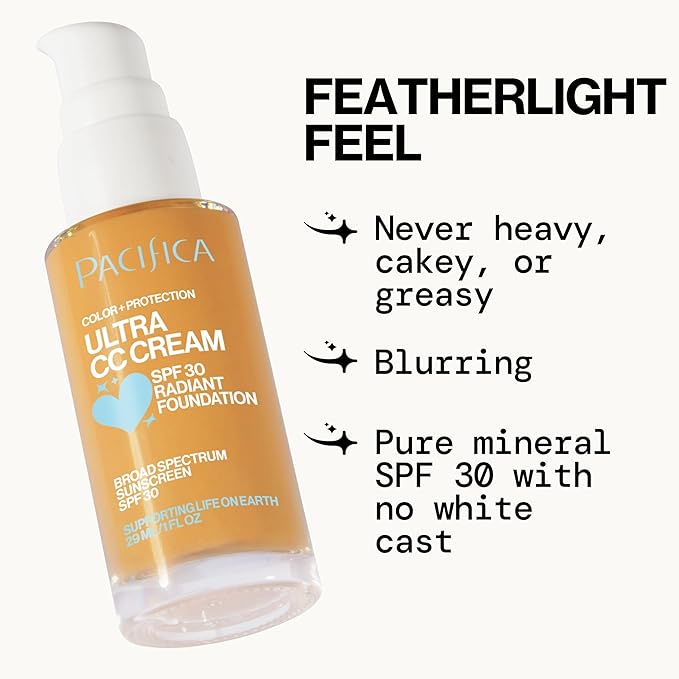 Pacifica Ultra CC Cream Radiant Foundation SPF 17 - Warm/Medium – Medium Coverage Color Correcting Cream, Dewy Finish, Mineral SPF, 1 oz