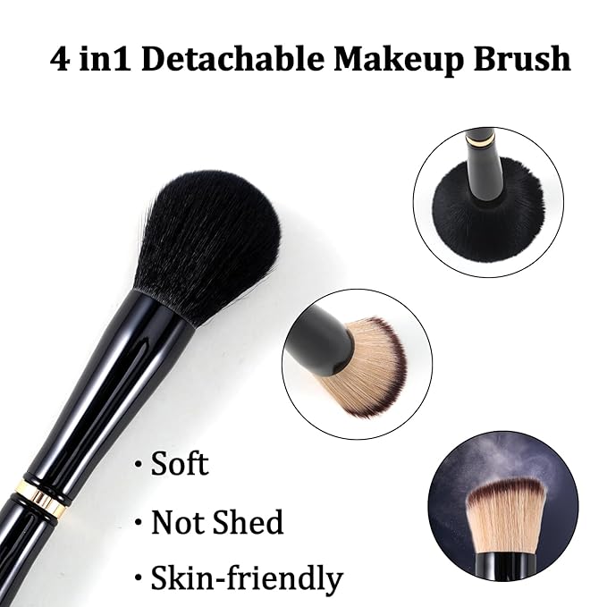 Ponhey 4 in 1 Travel Makeup Brushes Set Detachable Travel Makeup Brush with case for Foundation| Loose Powder| Concealer| Eye Shadow| Eyeliner Double Ended Makeup Brush Ideal for Liquid, Cream, Powder
