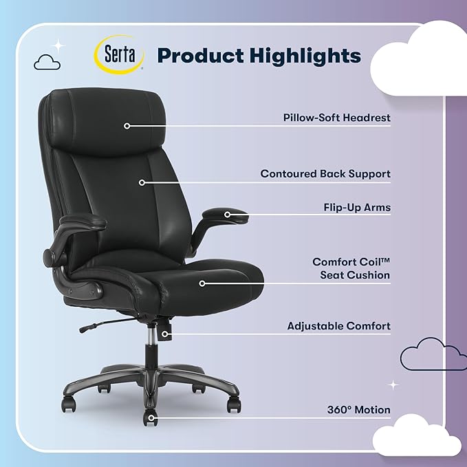 Serta Torrington Big & Tall Office Chair, with Flip-Up Padded Armrests, Ultra-Comfortable ComfortCoils Seat Cushion Technology, Modern Executive Premium PU Desk Chair, Black