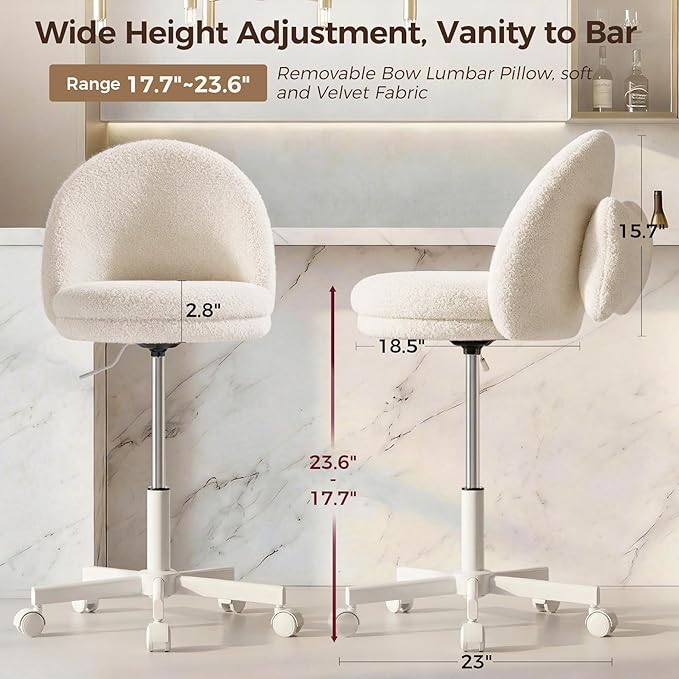 GTPOFFICE Vanity Chair with Back, Adjustable Tall Office Chair High Swivel Bar Stools Fluffy Cute Desk Chair Comfy with Wheels Bow Pillow Armlees for Adults Standing Desk Bar, Soft Velvet, White
