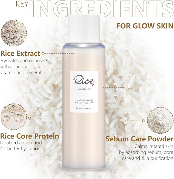 Rice Milk Facial Toner with Rice Extract & Core Protein - Hydrating Milky Toner for Oily/Combination Skin, Deep Moisturizing, Pore & Acne Care (140ml) + 100-Count Fluorescent-Free Cotton Pads