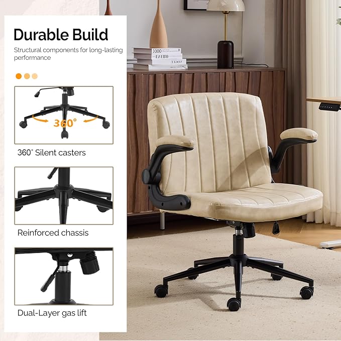 VINGLI Criss Cross Chair with Adjustable Flip-Up Arms,Cross Legged Chair with Wheels, Extra Wide Office Chair,Comfortable Desk Chair for Home Office, Vanity, Bedroom, PU Leather,Ivory White