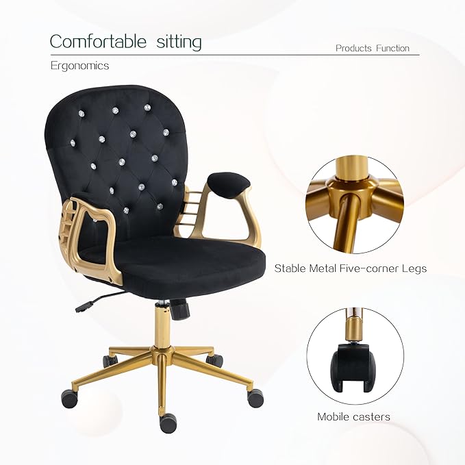 Velvet Home Office Desk Chair Comfy with Gold Base, Comfortable Swivel Makeup Chairs for Vanity with Back and Wheels, Button Tufted Armchair Rolling Chair for Girls Women Study Bedroom, Black