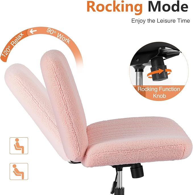 Sweetcrispy Criss Cross Chair Legged, Armless Office Wide Desk Chair No Wheels, Swivel Vanity Height Adjustable Fabric Modern Computer Task Seating for Home - Teddy Pink
