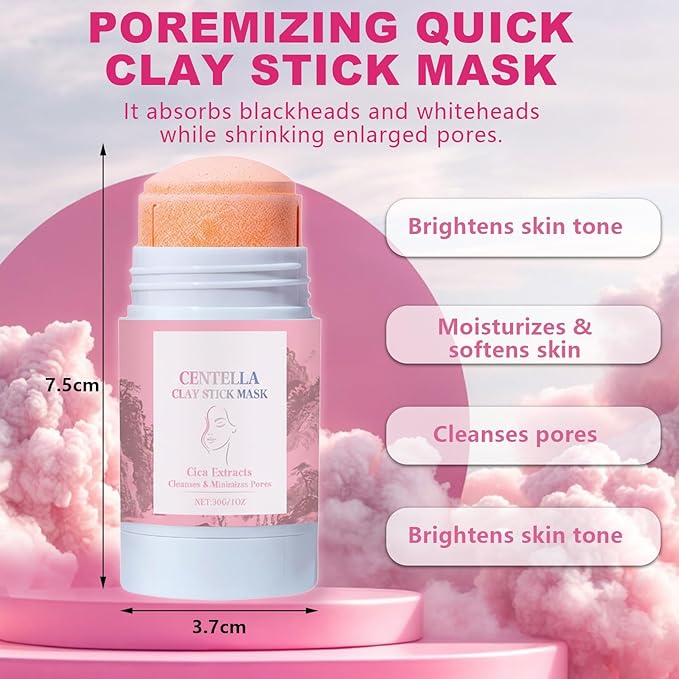 KUNAL 2 PCS Centella Clay Mask Stick,Pink Poremizing Clay Stick Mask,Oil Control Moisturizing & Soothing Cleansing Facial Mask for All Skin Types