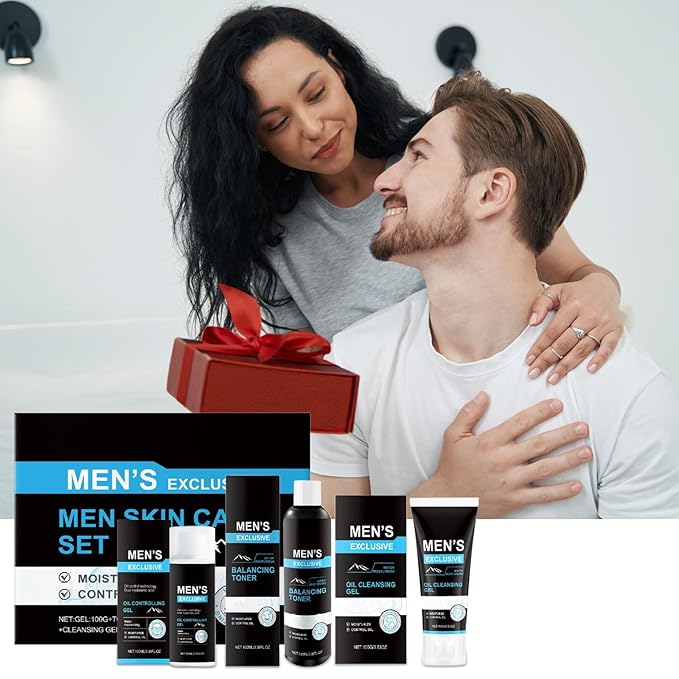 Men's Facial Care Kit with Cleansing Gel, Misturizing Toner, and Oil Control Gel- with Hydrating Formula, All Skin Types Daily Face Routine, Perfect Gifts for Dad Him Husband Boyfriend, Birthday Gift