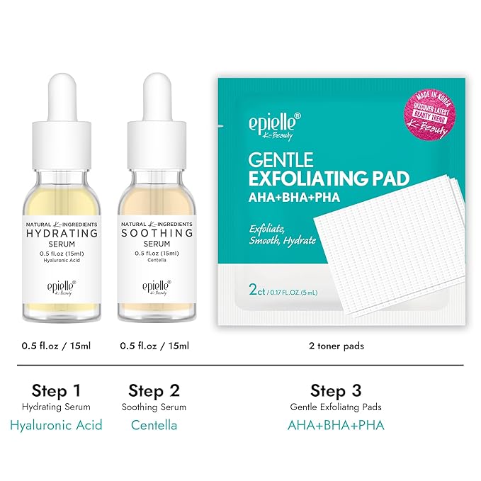 Epielle Power Serum Duo 3 Pack | Hydrating & Soothing Serums & 2 Soothing Toner Pads | Korean Skincare, Spa Gifts for Women