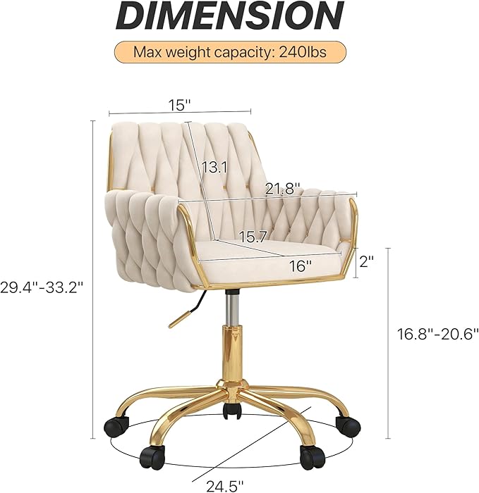 Velvet Home Office Chair, Modern Height-Adjustable Vanity Chair with Golden Base and Hand-Woven Backrest for Bedroom/Study/Vanity (Beige)