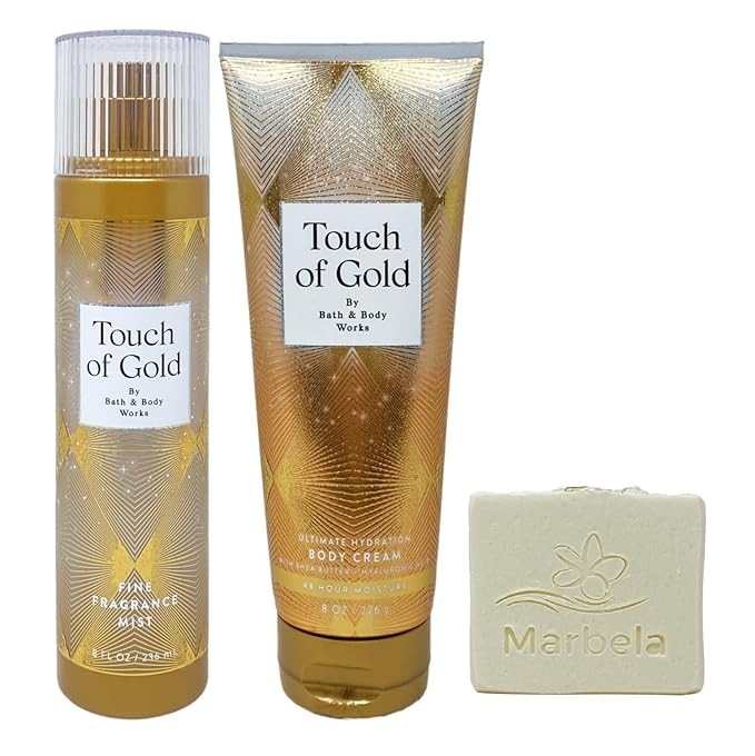 Bath & Body Works Touch Of Gold Fragrance Mist and Body Cream Duo Set with a Natural Oats Bar Soap - Full Size