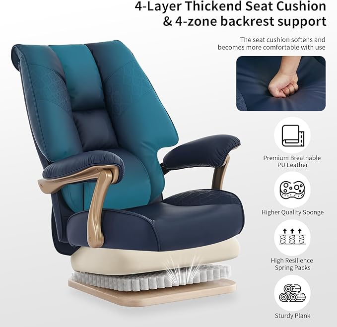 Big and Tall Executive Office Chair with Footrest, 400LBS Capacity Ergonomic High-Back Desk Office Chair with Lumbar Support, Padded Armrests & Thick Cushion, Blue PU Leather Chairs