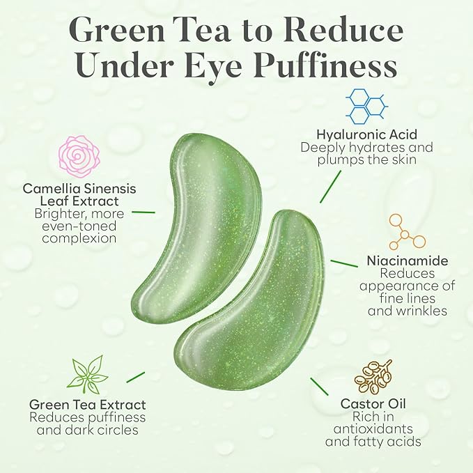 Green Tea Under Eye Patches (30 Pairs) - For Dark Circles & Puffiness - Hydrating Green Tea Eye Mask