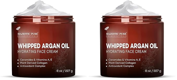 Majestic Pure Whipped Argan Oil Moisturizer Face Cream for Women & Men - With Vitamin E A, Collagen & Ceramides - Hydrates Dry Skin, Oily Skin, Reduces Appearance of Fine Lines – 8oz (Pack of 2)