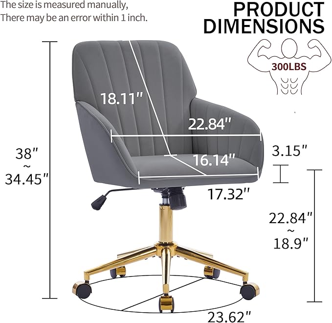 YITAI Velvet Office Desk Chair with Wheels and Gold Base,Modern Height Adjustable 360 Degree Swivel Upholstered Vanity Chairs with Arms for Living Room Bedroom, Study,Gray