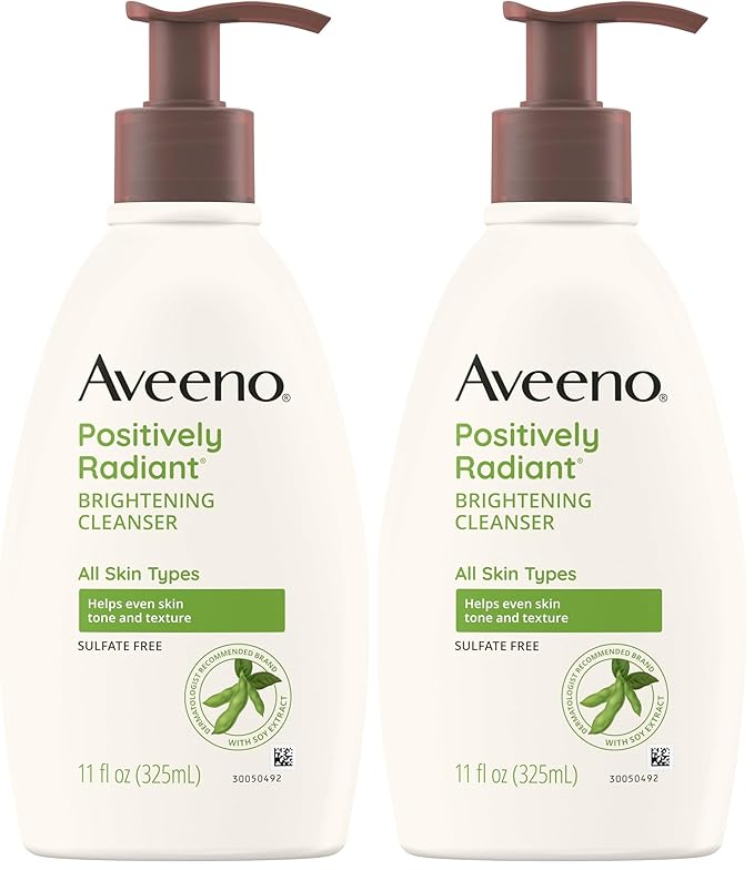 Aveeno Positively Radiant Brightening Facial Cleanser for Sensitive Skin,Targets Dull Skin,Moisture Rich Soy Extract,Non-Comedogenic,Oil- & Soap-Free,Hypoallergenic,11 Fl. Oz,(Pack of 2)