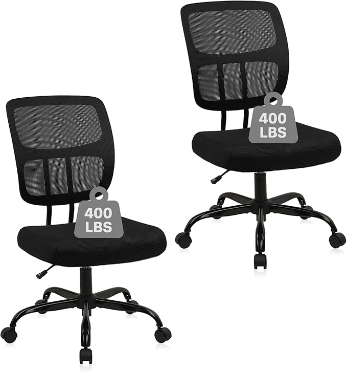 CLATINA Armless Home Office Chair, Small Ergonomic Mesh Back Desk Chair with Lumbar Support and Wheels, Adjustable Height 360° Swivel Rolling Computer Chair for Conference Waiting, Black, 2Pack