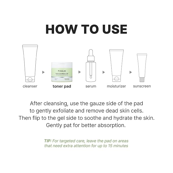 P.CALM Azelaic Acid Matcha 1000 Calming Gauze Gel Toner Pad – Azelaic Acid & Matcha for Gentle Exfoliation and Skin Soothing, Sensitive Skin Care, Korean Skincare (110g / 3.71 fl.oz., 60 Pads)
