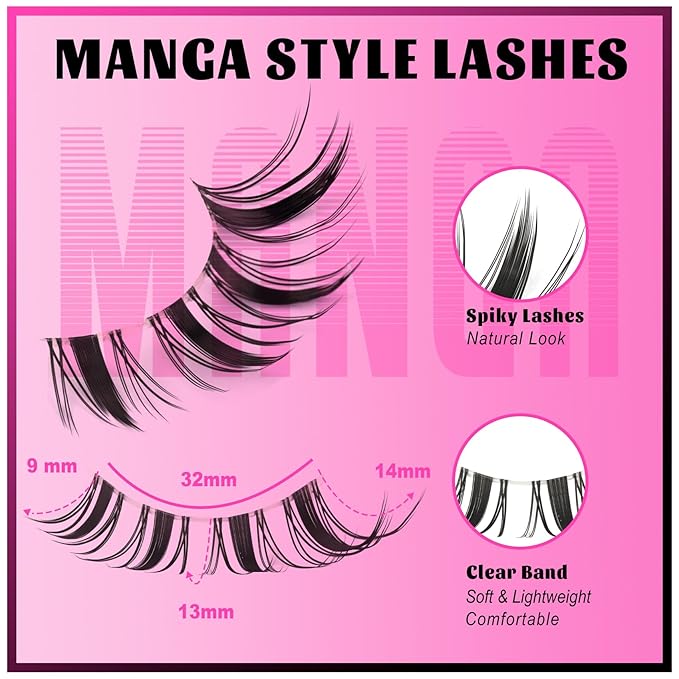 Veleasha Fairy Lashes Manga Eyelashes Spiky Eyelash Cat Eye Lashes Wispy Natural Look False Eyelashes 100% Handmade with Clear Band 8 Pairs (Fairy)