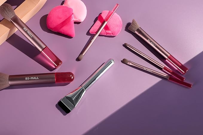 BS-MALL 21 Pcs Professional makeup brush set with foundation brush for liquid Makeup, eyeshadow Brush, concealer brush - Includes 6 Triangle Puffs & case for Even, Multi-purpose application (Pink)