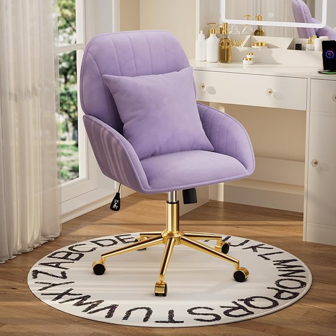 Home Office Desk Chair Comfy with Adjustable Swivel Wheels, Modern Velvet Makeup Vanity Chair with Back & Pillow, Ergonomic Office Chair Computer Task Chair for Living Room, Bedroom, Purple