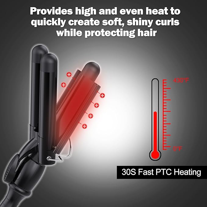 kuwa Crimper Hair Tool,15 Variable Temperature Beach Waves Curling Iron,3 Barrel Curling Iron,Hair Crimper for Women,HairWaver with LCD Temperature Display