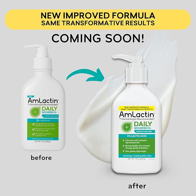AmLactin Daily Nourish - Therapeutic Face and Body Lotion for Dry Skin - No-Scrub Exfoliator and Moisturizer with 5% Lactic Acid AHA, Safe for Sensitive Skin, 7.9 oz (Packaging May Vary)