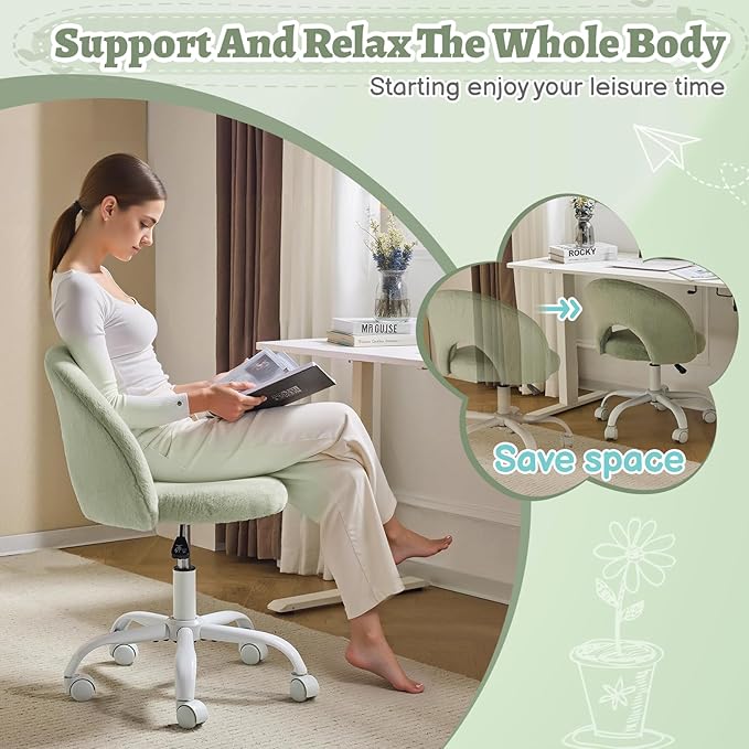 VINGLI Small Vanity Chair with Faux Fur Wheels for Girls,Cute Adjustable Height Armless Office Desk Chair,360°Swivel Comfy Rolling for Study,Make up Room,Small Space,Mint Green